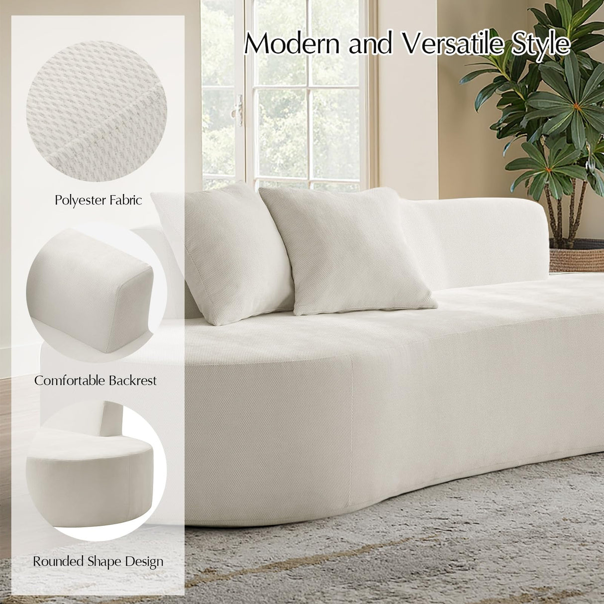 HULALA HOME 94.5" Curved Boneless Couch with Two Pillows, Oversized 3 Seater Compressed Foam Sofa with Deep Seat, Modern Cloud Couch for Living Room, No Assembly Required, Ivory HULALA HOME