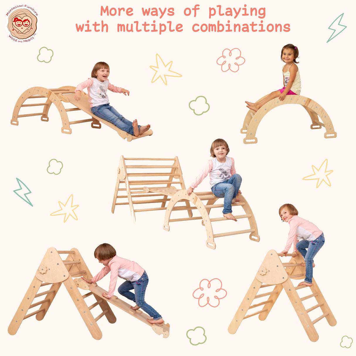 WoodandHearts Pikler Triangle Set of three items Wooden toys Climbing triangle Montessori Climbing toys for Toddlers Triangle with ramp Activity gym Baby Climbing triangle set (Large) Wood And Hearts