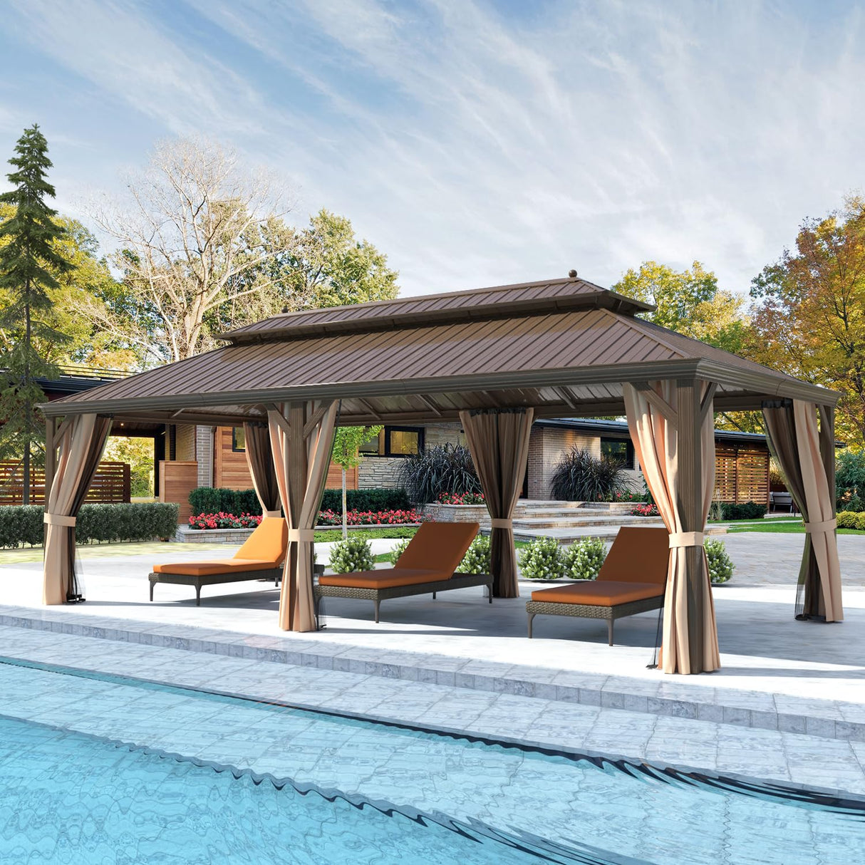 YOLENY 12'x24' Gazebo, Hardtop Gazebo with Galvanized Steel Double Roof, Pergolas Aluminum Frame, Netting and Curtains Included, Metal Outdoor Gazebos for Garden, Lawns YOLENY