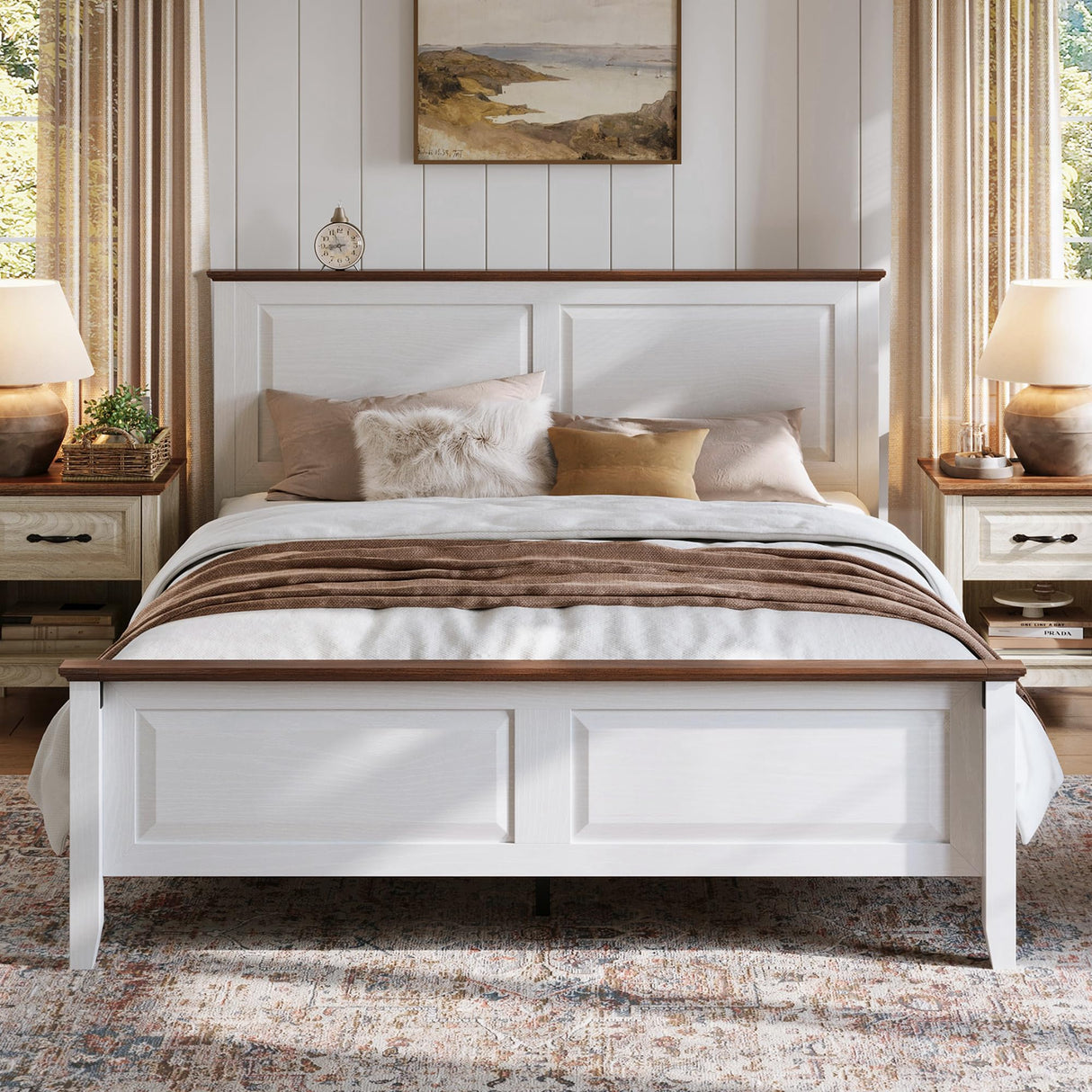 LINSY Farmhouse Bed Frame, Full Bedframe with Headboard and Footboard, Wooden Bed Frame with Solid Wood Slats, Rustic White Platform Bed Frames Full Size, No Box Spring Needed LINSY