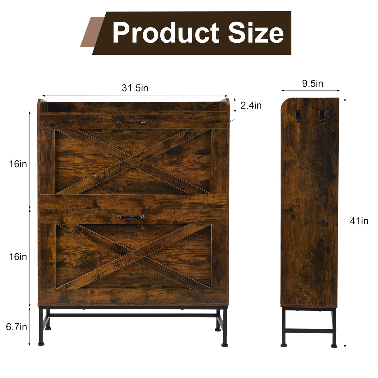 Chilihom Narrow Shoe Cabinet Storage for Entryway, Shoe Organizer with 2 Flip Drawers, Hidden Shoe Storage Slim Storage Cabinet with Metal Legs, Farmhouse Free Standing Shoe Rack Cabinet, Rustic Brown Chilihom
