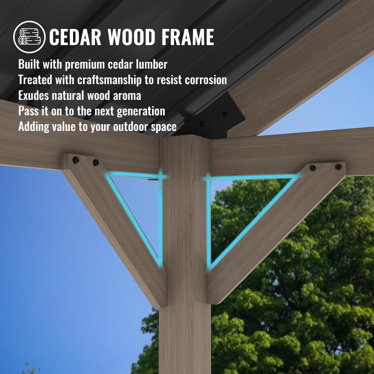 MONDAWE 10 x 12 ft. Wood Gazebo Cedar Framed Wooden Gazebo Patio Steel Hardtop Gazebo with Galvanized Steel Gable Hardtop Roof for Patio Lawn Backyard, Black Roof + Dark Wood Frame MONDAWE