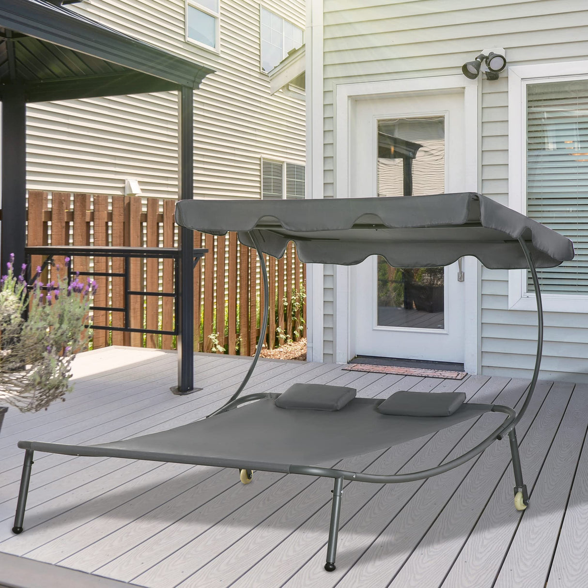 Outsunny Patio Double Chaise Lounge Chair, Outdoor Wheeled Hammock Daybed with Adjustable Canopy and Pillow for Sun Room, Garden, or Poolside, Grey Outsunny
