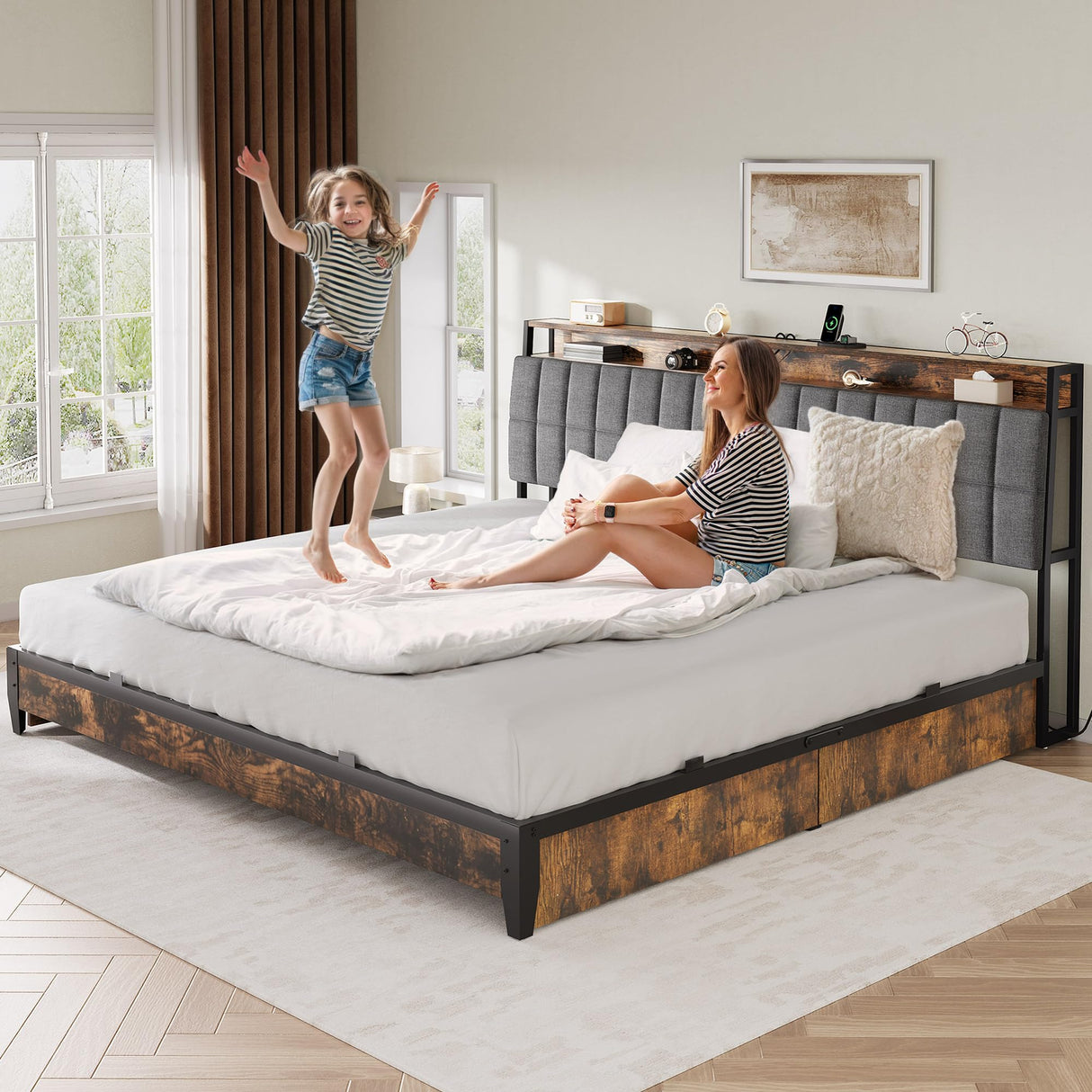 YITAHOME Queen Size Bed Frame with RGB LED Lights and 4 Drawers, Upholstered Platform Bed with Charging Station and Storage Headboard, No Box Spring Needed, Noise-Free, Fast Assembly, Rustic Brown YITAHOME