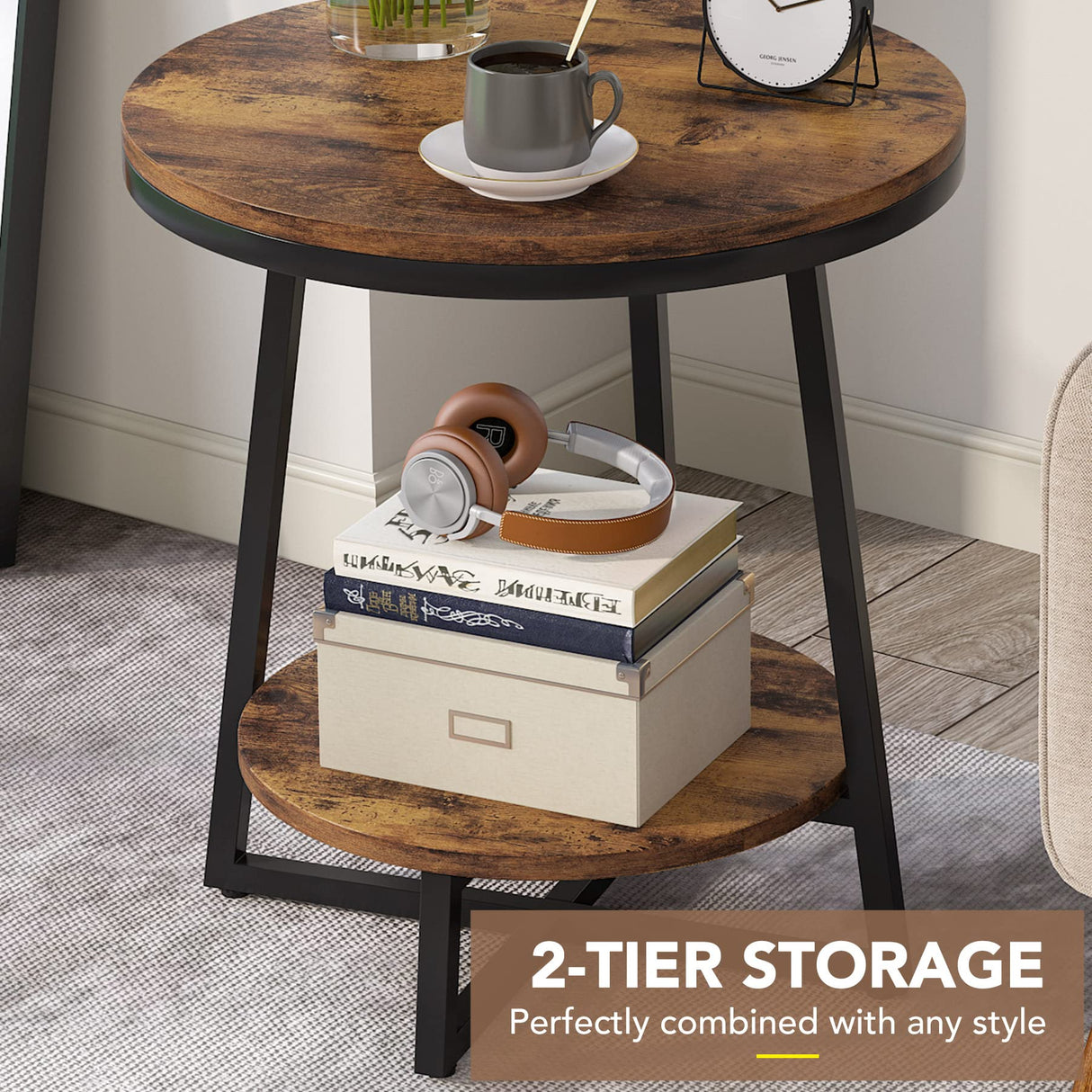 Tribesigns End Table, 2 Tier Round Side Table with Storage Shelf, Industrial Nightstand Bedside Table Coffee Accent Table for Living Room Bedroom Small Space, Rustic Brown Tribesigns