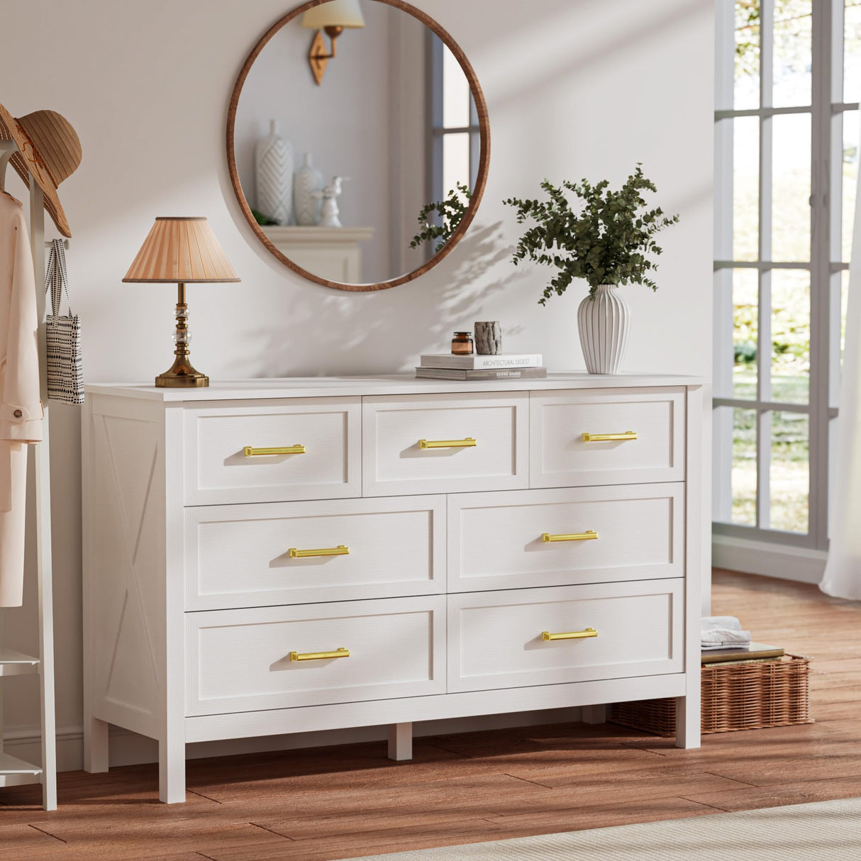 LYNSOM Farmhouse 7 Drawers Dresser for Bedroom, Wood Rustic Wide Chest of Drawers with Deep Drawers, Metal Handle, Storage Dressers Organizer for Entryway, Hallway, White LYNSOM