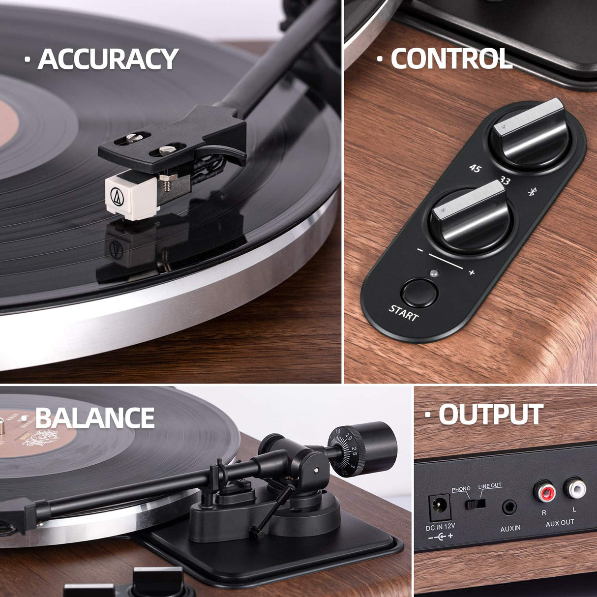 1 by ONE High Fidelity Belt Drive Turntable with Built-in Speakers, Vinyl Record Player with Magnetic Cartridge, Bluetooth Playback and Aux-in Functionality, Auto Off 1byone