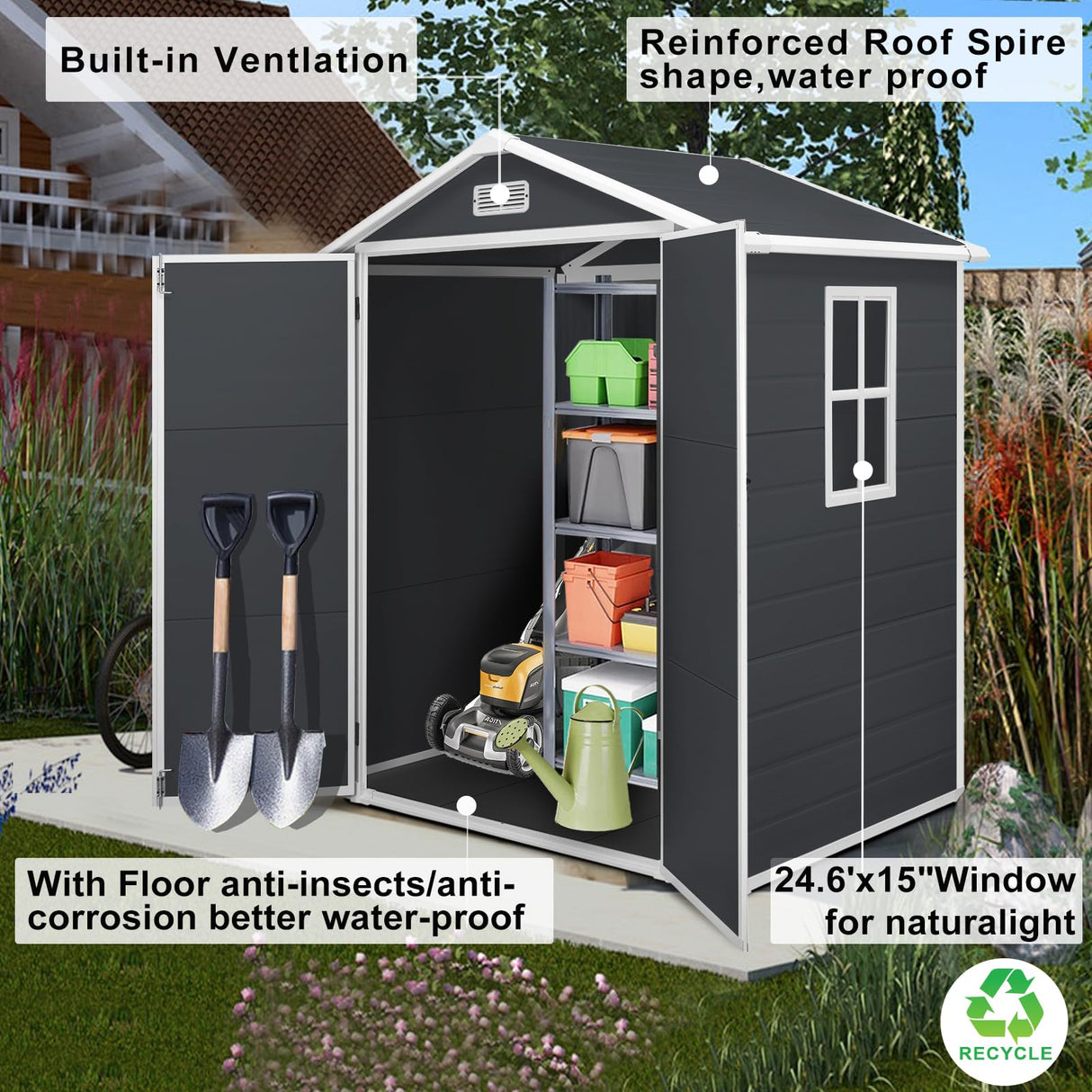 BTMWAY Resin 6x4 FT Outdoor Storage Shed with Floor Included,Small Plastic Shed with Window,Wood-Like Appearance,Water and UV Proof,Double Doors,Garden Tool Storage,Bike Shed,Backyard Shed (Black) BTMWAY