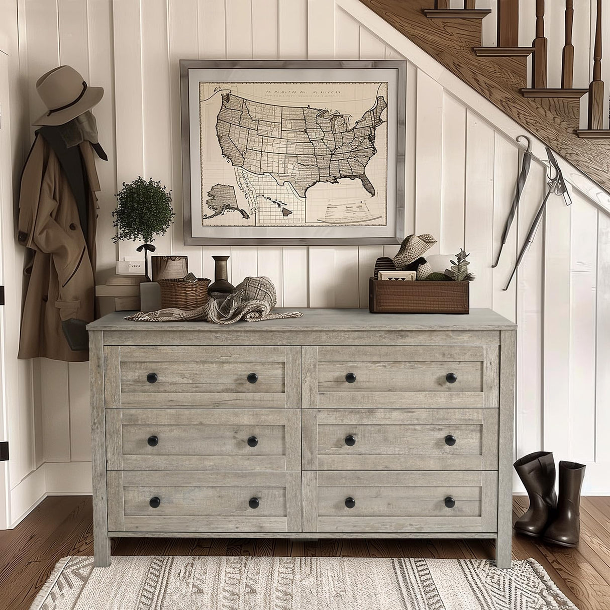 HALLYBEE Farmhouse 6 Drawer Dresser for Bedroom, 54" Long Wood Chest of Drawers with Round Metal Handle, Storage Dresser Organizer, TV Stand Dresser for Bedroom, Living Room, Hallway, Light Rustic Oak HALLYBEE