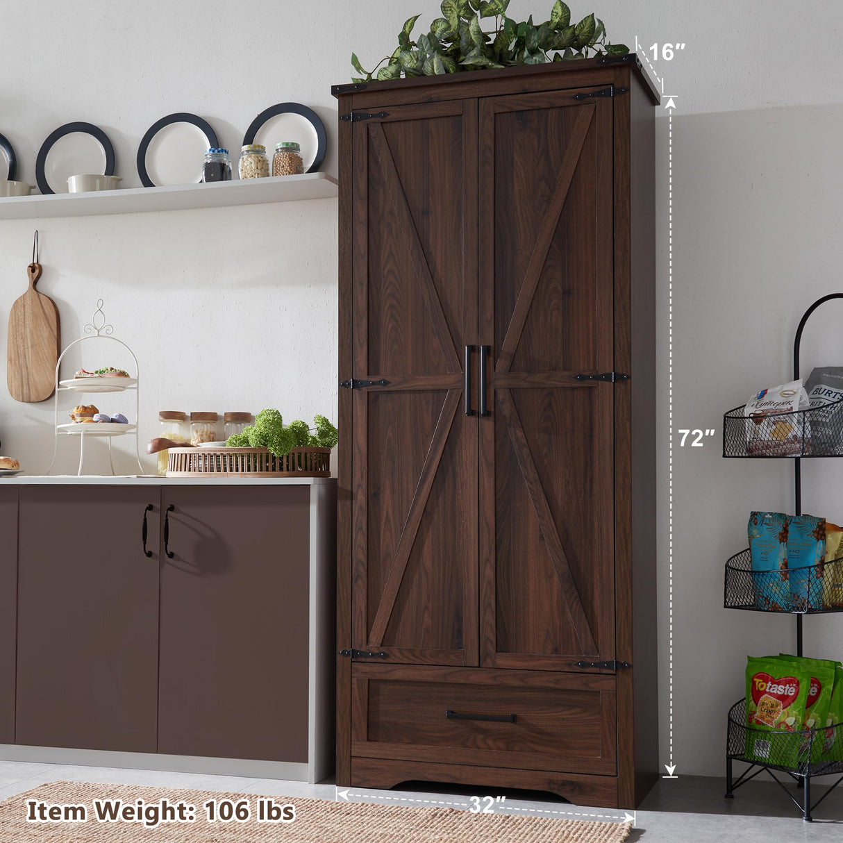 XIASLO 72" Tall Wood Storage Cabinet, Farmhouse Kitchen Pantry Cabinet with Adjustable Shelves & Drawer & Barn Doors, Versatile Storage for Kitchen, Dining Room, Bathroom, Brown XIASLO