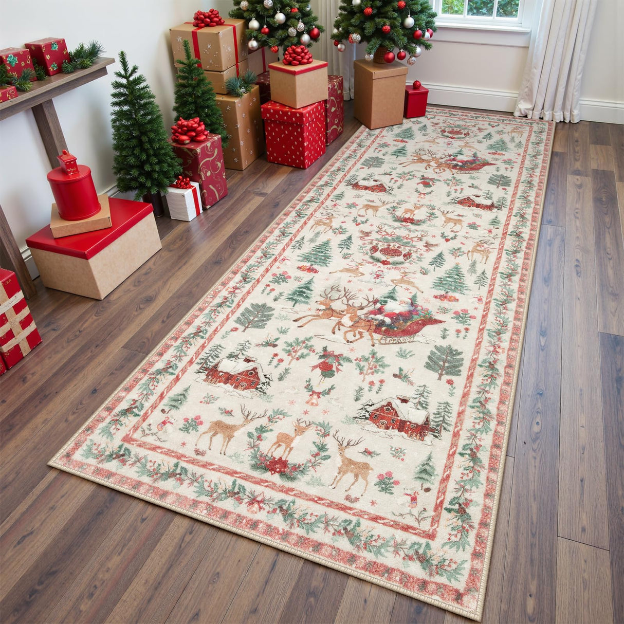 Lahome Christmas Runner Rug 2x8 Beige Rug Runners for Hallways Non Slip,Washable Kitchen Bathroom Runner Rug,Soft Christmas Tree Santa Claus Carpet Runner for Entryway Holiday Decor(2'x8',Beige) Lahome