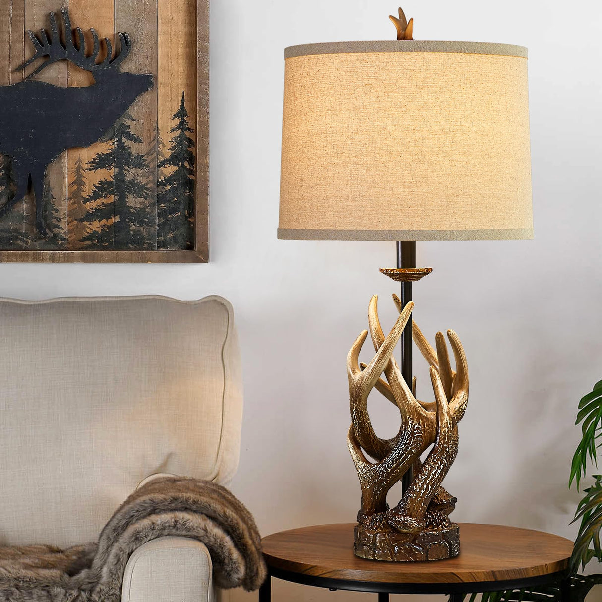 HUITICO Rustic Farmhouse Table Lamp for Living Room End Table Deer Antler Lamps with USB Ports 28" Tall Western Lamps for Bedroom Cabin Country Lamps for Nightstand, Single, Bulb Not Included HUITICO