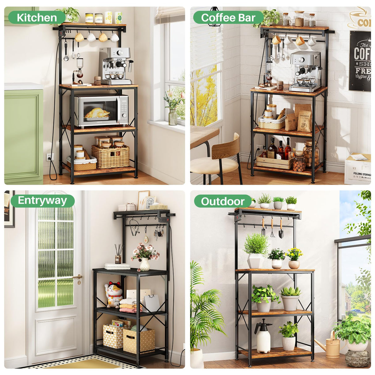 Kitchen Bakers Rack with Power Outlet 10 Hooks, 4 Tiers Coffee Bar Station Cabinet, Microwave Stand with Storage (Rustic Brown, 21.7 x 14.2 x 49.6 Inch) SNTD