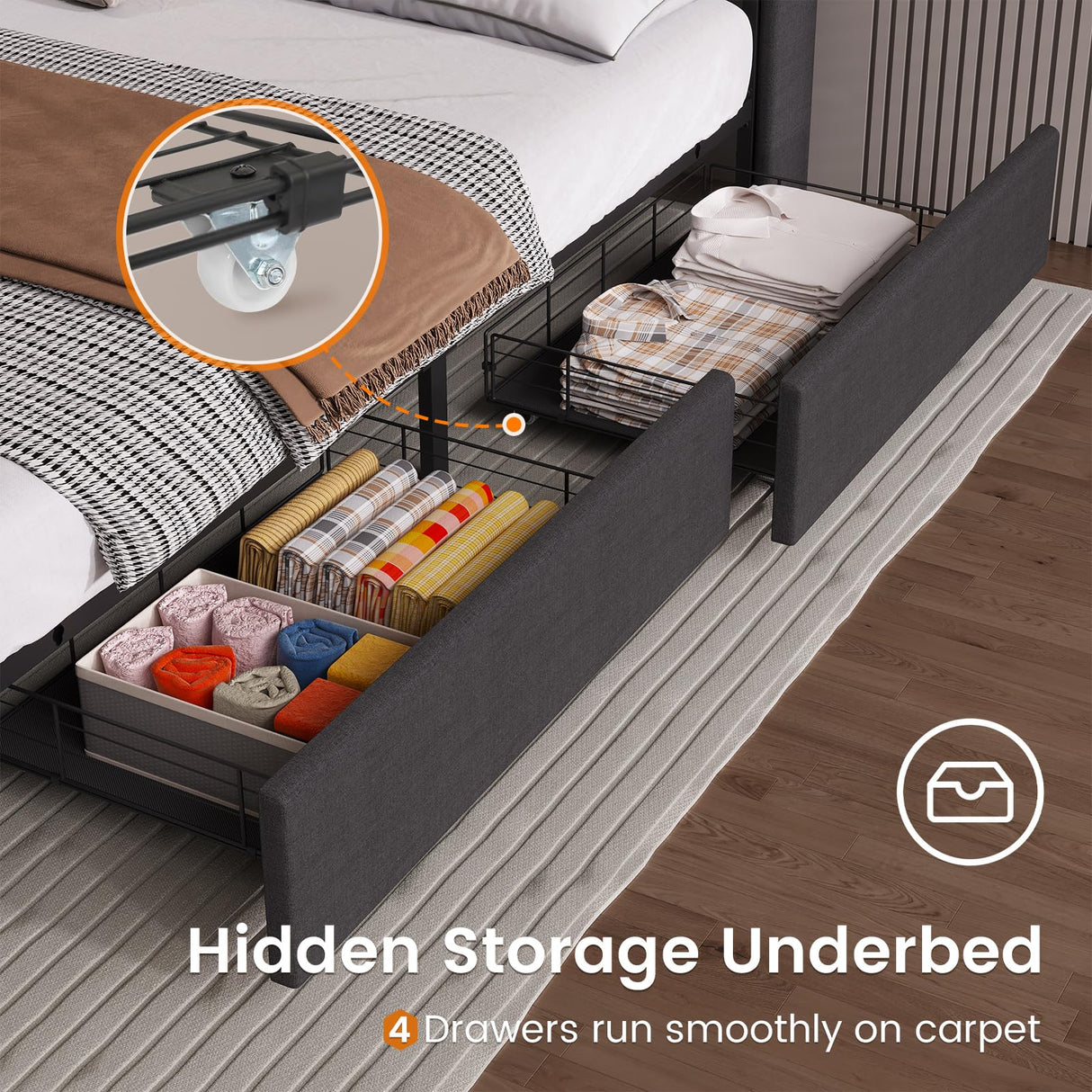 BTHFST Modern Queen Bed Frame with RGB LED Headboard, USB Charging & Storage Drawers in Dark Gray BTHFST