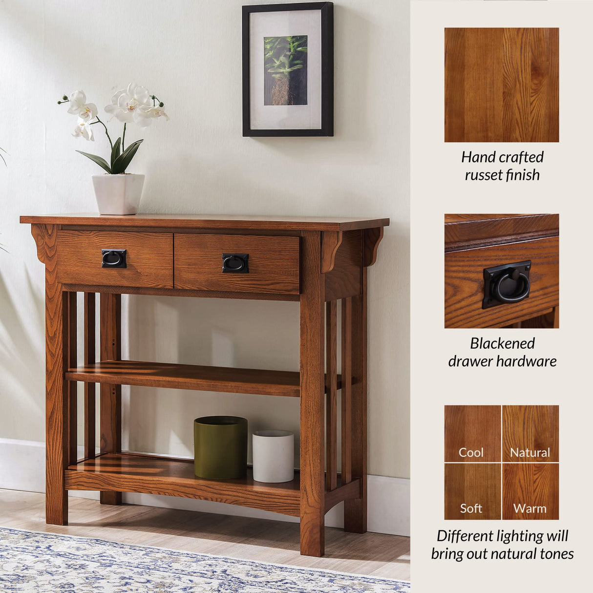 Leick Home 8261 Mission Bookcase Console Table with Drawers, Made with Solid Wood, for Living Room, Entry Way, Office, Bedrooms, Russet Finish Leick Home