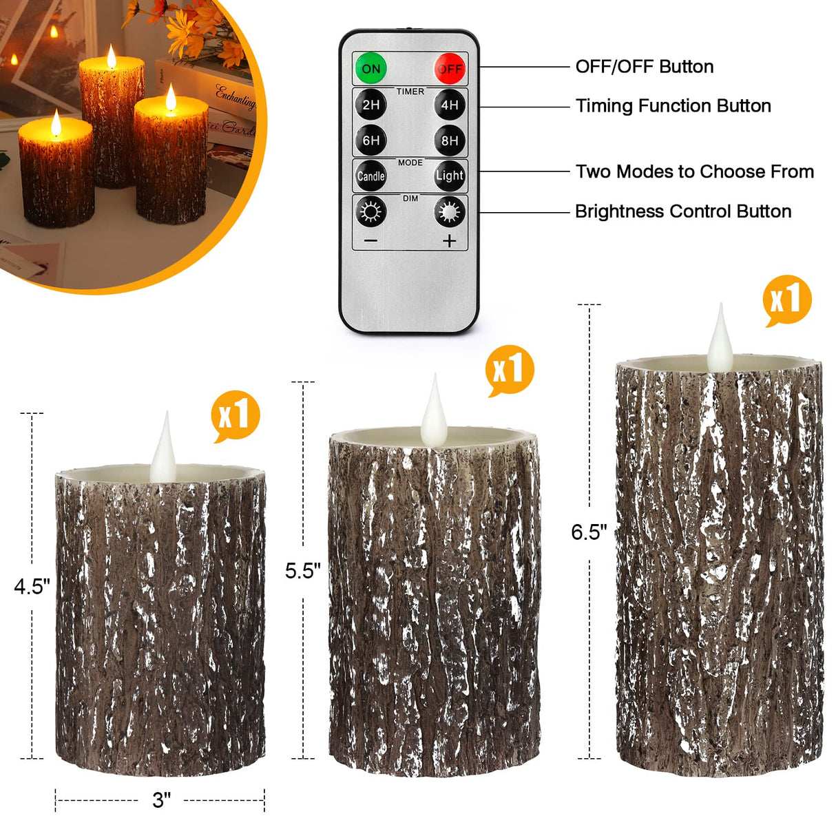 Enpornk Flameless Candles Battery Operated Pillar Pine Effect Real Wax Flickering 3D Wick Electric LED Decorative Candle Sets with Remote Control Cycling 24 Hours Timer, 4" 5" 6" Pack of 3 Enpornk