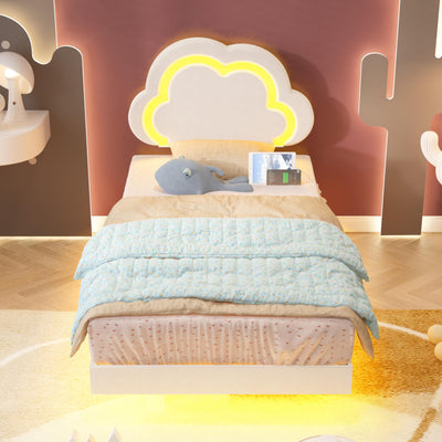 Muluflower Off-White Velvet Twin Floating Bed Frame with LED Lights and Charging Station