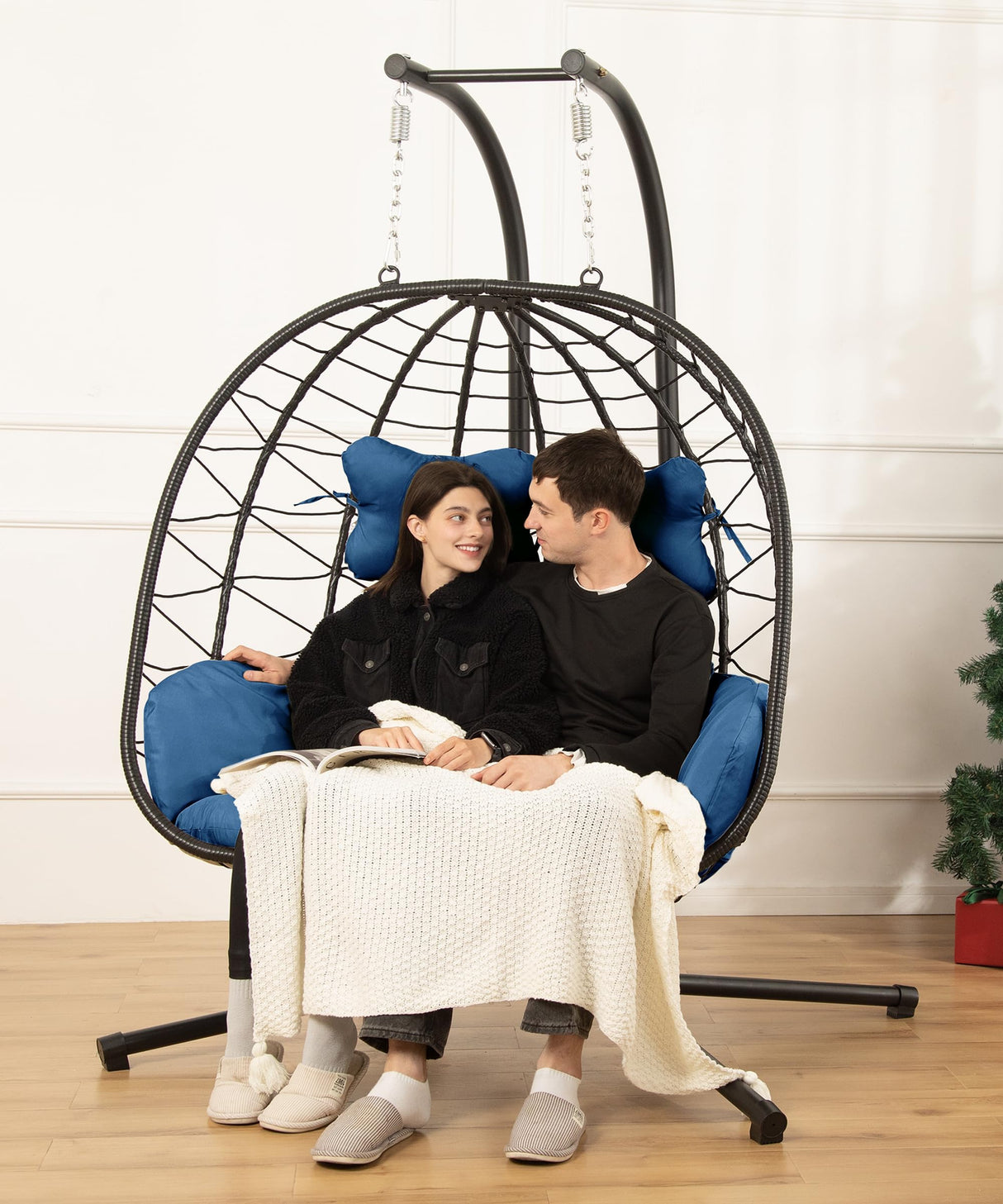 Double Egg Chair wth Stand Hammock Swing Chair Foldable Hanging Loveseat, UV Resistant Removable Cushions, 700LBS Capacity for Bedroom, Balcony, Garden(BK-BL) DoubleTT