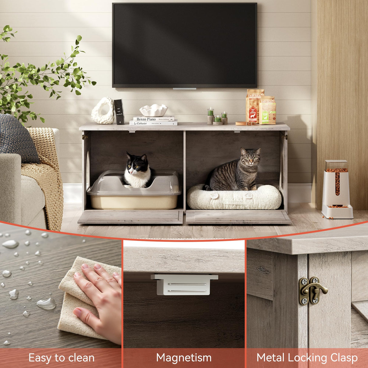Herture Double Cat Litter Box Enclosure, Hidden Litter Box Cabinet Furniture, Modern Litter Box Storage, Enclosed Cat Litter Box Furniture, Easy to Clean Griege PG06MWZ Herture