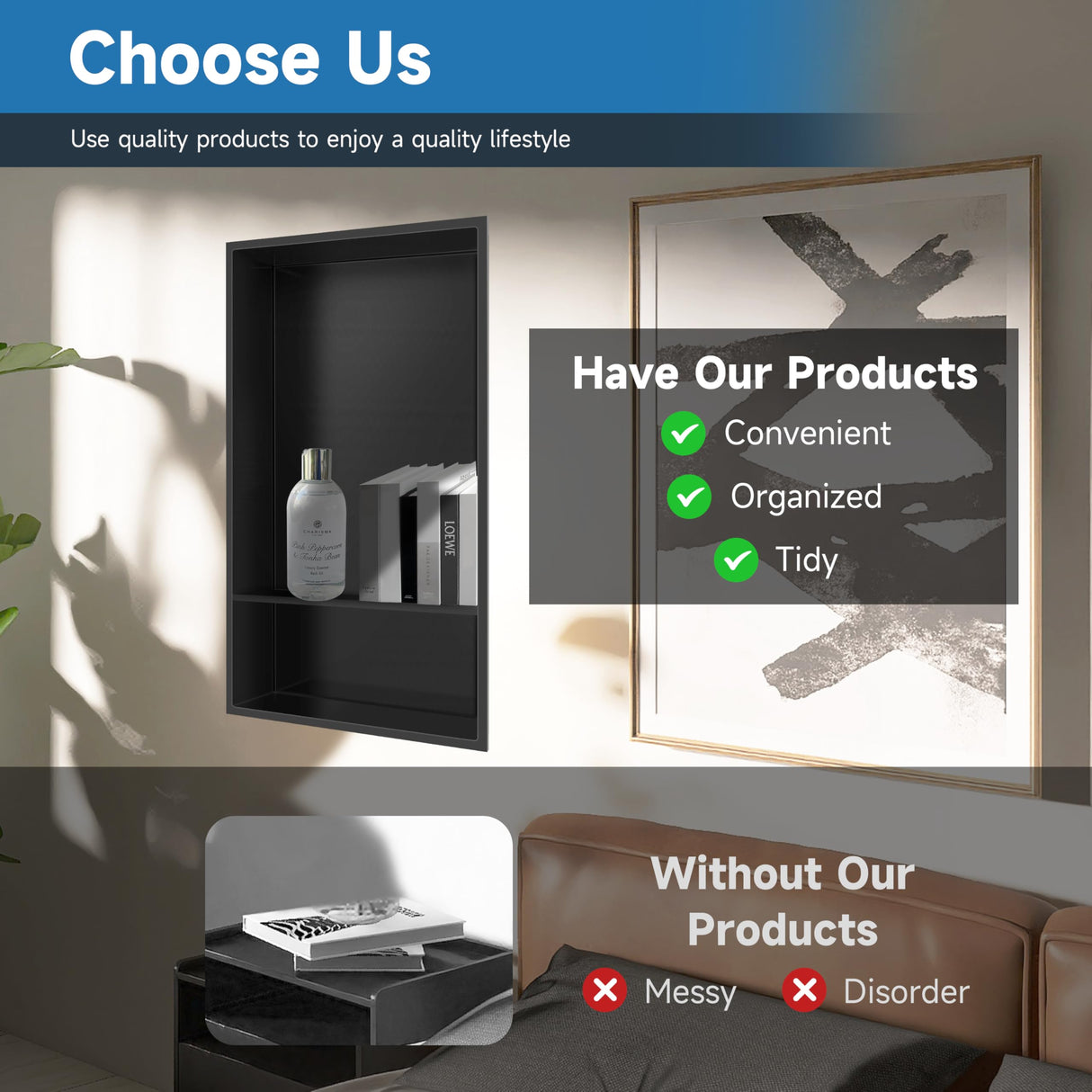 Greenspring 12" X 25" Stainless Steel Shower Niche Insert Tile Ready, Niche for Shower Wall, 2-Tier Recessed Shelves No Tile Needed for Bathroom Storage, Matte Black Greenspring