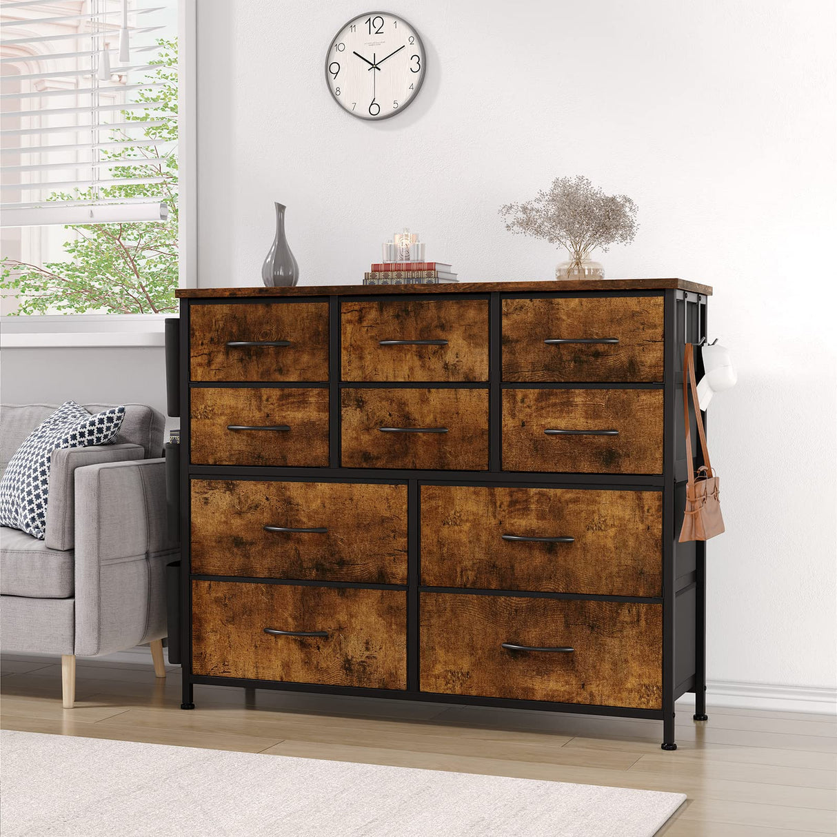 Dresser for Bedroom, 10 Drawers Fabric Storage Drawer, Dressers & Chest of Drawers with Side Pockets, Hooks, Wood Tabletop for Closet, Living Room, Hallway (Rustic Brown) Jojoka