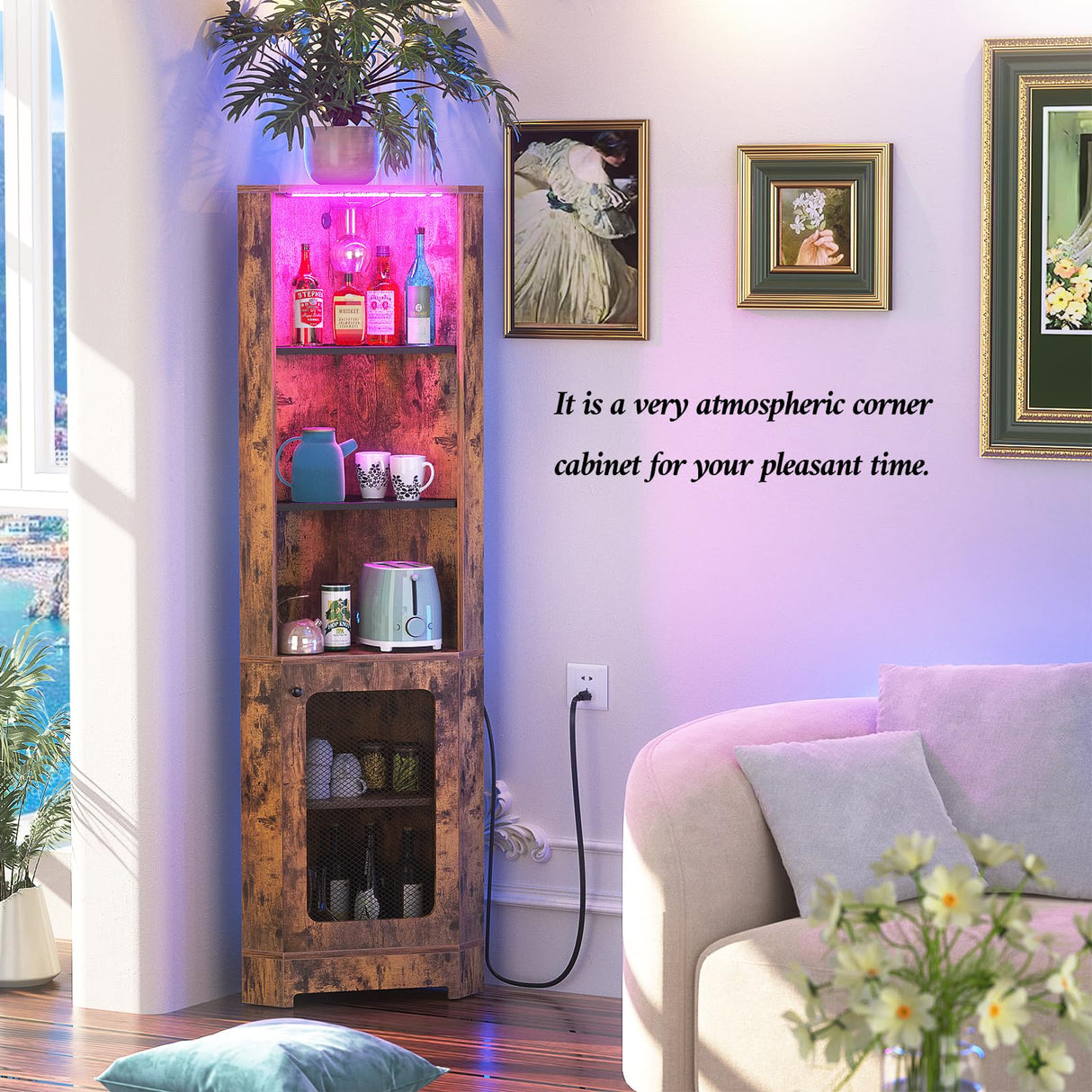 Hyomdeck 67-Inch Tall LED Corner Shelf with Charging Station - 5-Tier Rustic Brown Bookcase for Living Room, Kitchen, or Home Office Hyomdeck