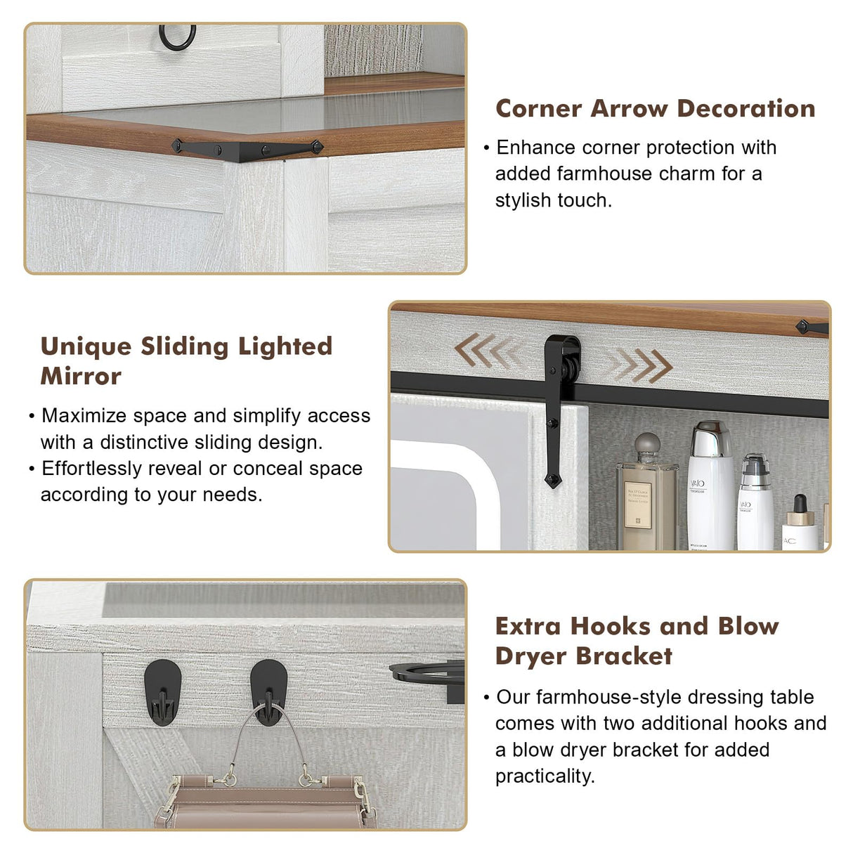 GlouMod Farmhouse Makeup Vanity Desk with Sliding Mirror and Lights, 42" Glass Top Vanity Table with Charging Station & 4 Drawers & 2 Cabinets, Vintage Vanity Set for Bedroom, Stool Included, White GlouMod