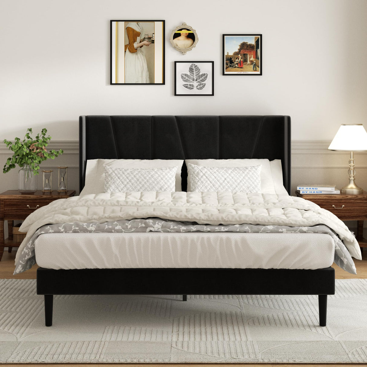 Queen Bed Frame with Headboard and Wingback, Velvet Upholstered Platform Bed, Mattress Foundation with Wooden Slat Support, No Box Spring Needed, Easy Assembly, Noise Free, Black Sismplly