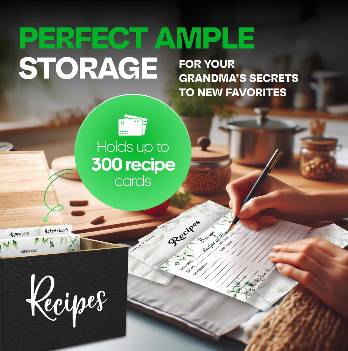 Jaconine Recipe Box, Wooden Recipe Organizer, Recipe Holder Box with 50 Recipe Cards 4""x6"" & 6 Dividers, Recipe Book to Write in Your Own Recipes, Black Jaconine