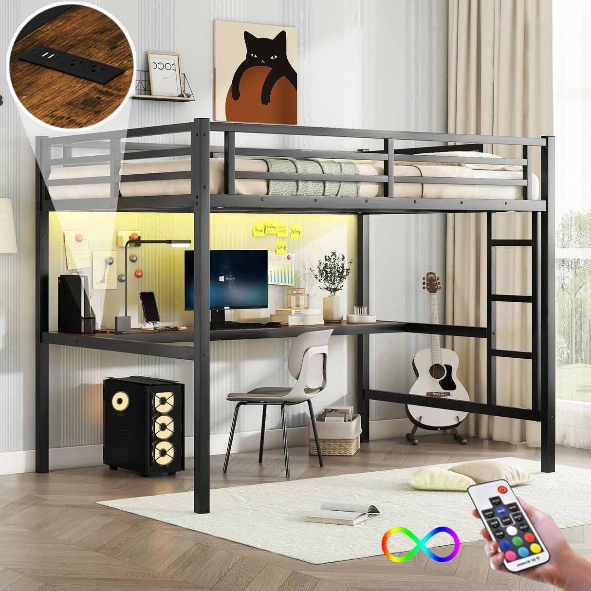 Metal Full Size Loft Bed with L-Shaped Desk, Loft Bed Full Size with Power Outlet and LED Lighted, Heavy Duty Metal High Loft Bedframe, Safety Guard & Ladder, Space-Saving, Noise Reduced, Black Janusline