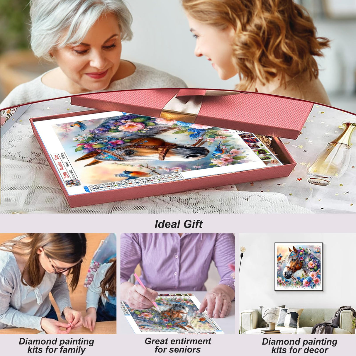 FHBUBPUP 5D Diamond Painting Kits for Adults, Horse Diamond Art Kits for Adults Beginners - DIY Full Drill Round Diamond Dot Gem Art, Craft Gift Suitable for Home Wall Decoration 12×12Inch FHBUBPUP