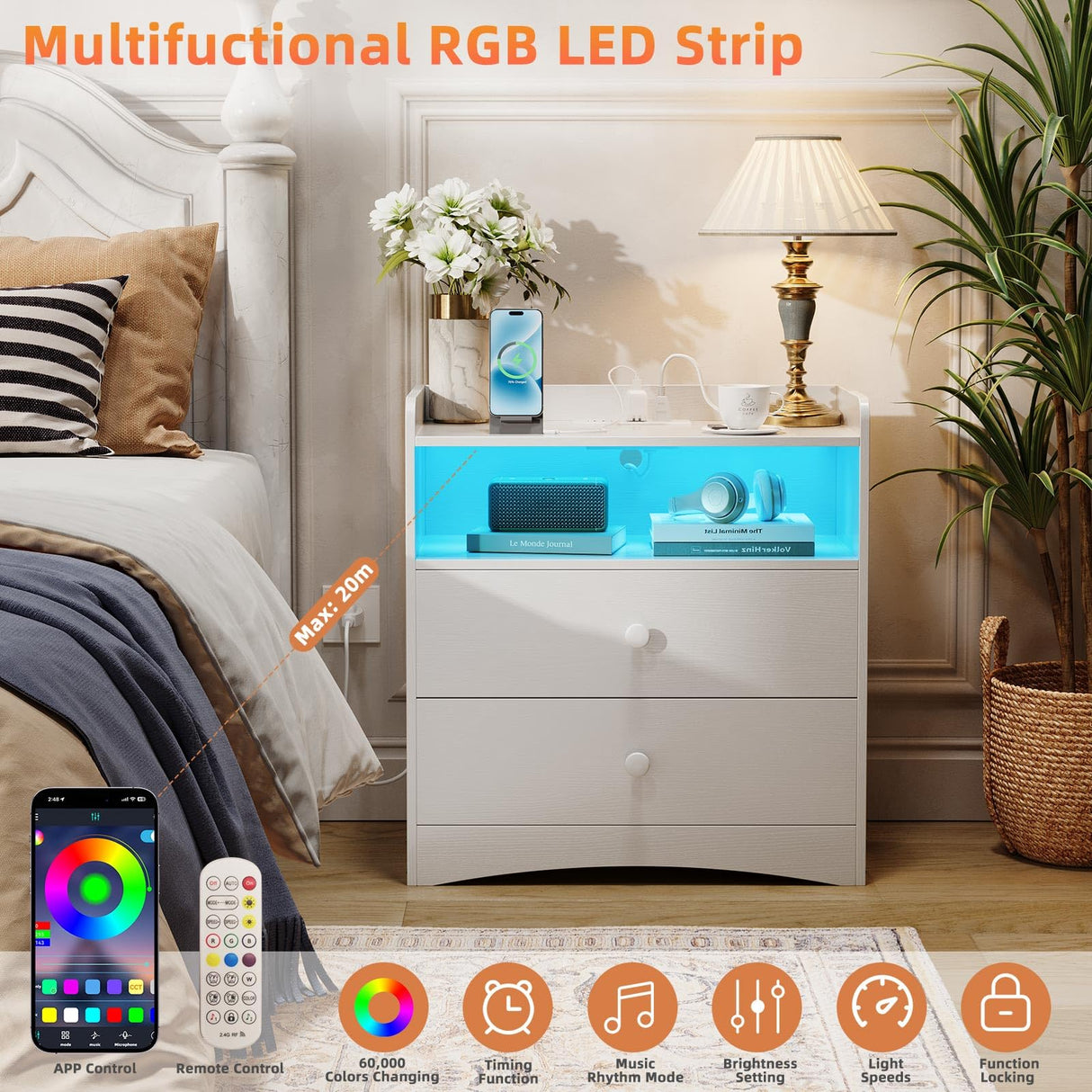 Memobarco Nightstand with Charging Station and LED Light,Modern Nightstand with USB Ports and Outlets,Wood Bedside Tables with 2 Storage Drawers,Small Dresser for Bedroom Small Space,White Memobarco