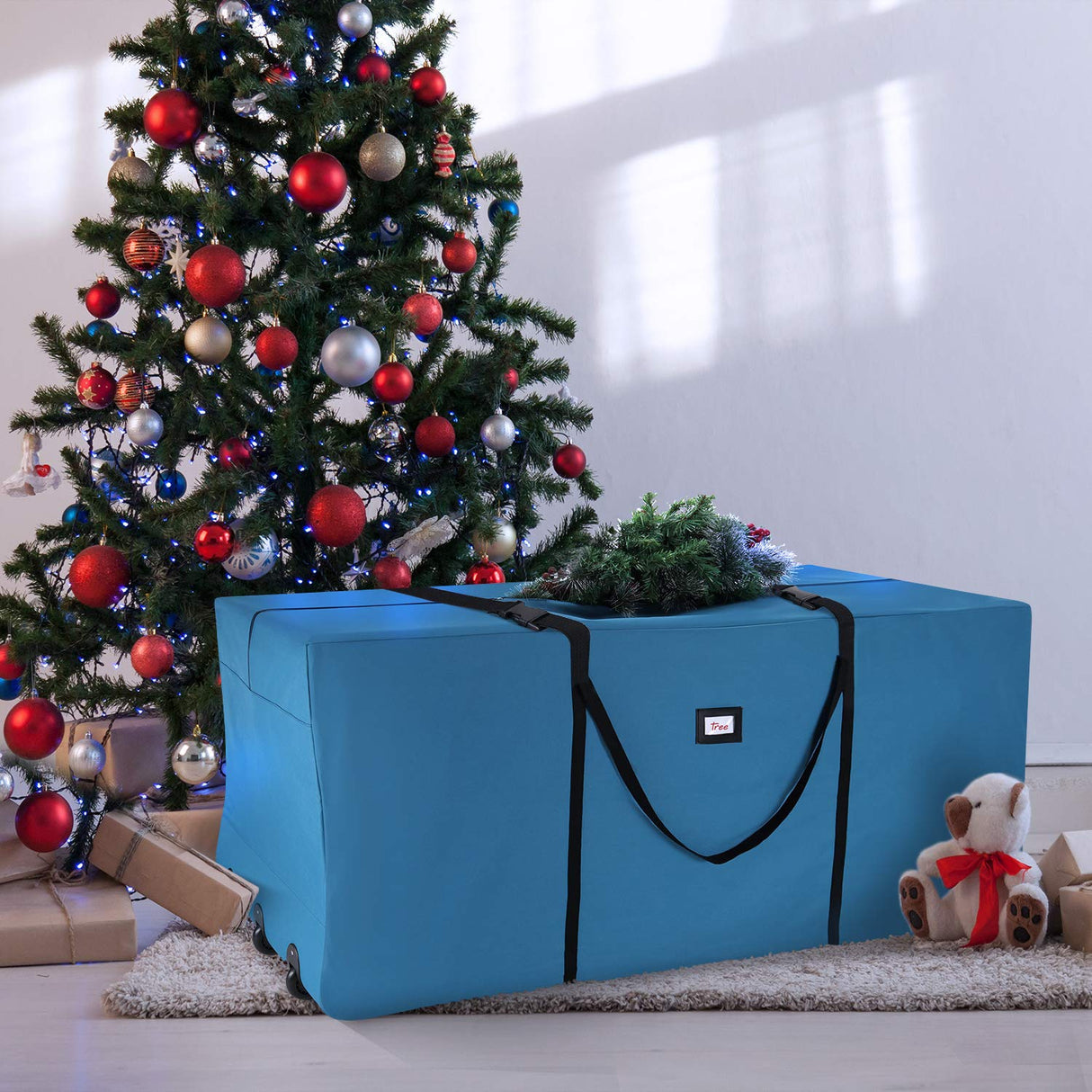 Christmas Tree Storage Bag - Extra Large Tree Rolling Storage Bag - Fits Upto 9 ft. Artificial Disassembled Trees, Durable Handles & Wheels for Easy Carrying & Transport - Tear Proof Oxford Duffle Bag Hearth & Harbor