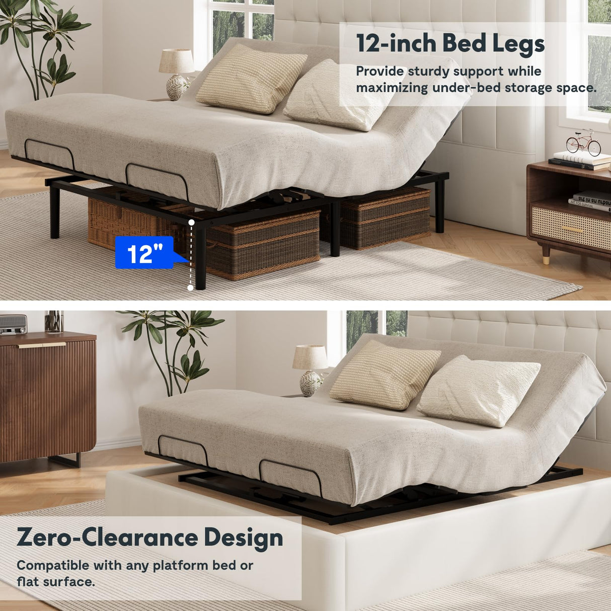 FLEXISPOT King Size Adjustable Bed Frame Base, Zero Clearance, Independent Head & Foot Incline, Zero Gravity, Wireless Remote, 12’’ Legs, Easy Assemble, 5-Year Warranty, 750 lbs. FLEXISPOT