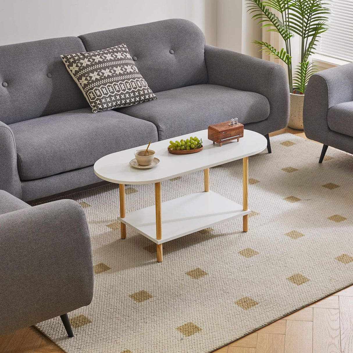 Aibiju Oval Coffee Table White, Small Wooden Coffee Table for Small Space, Tea Table Stand 35 * 16 * 17 inches, 2 Tier Center Table for Living Room White YD-012W Aibiju
