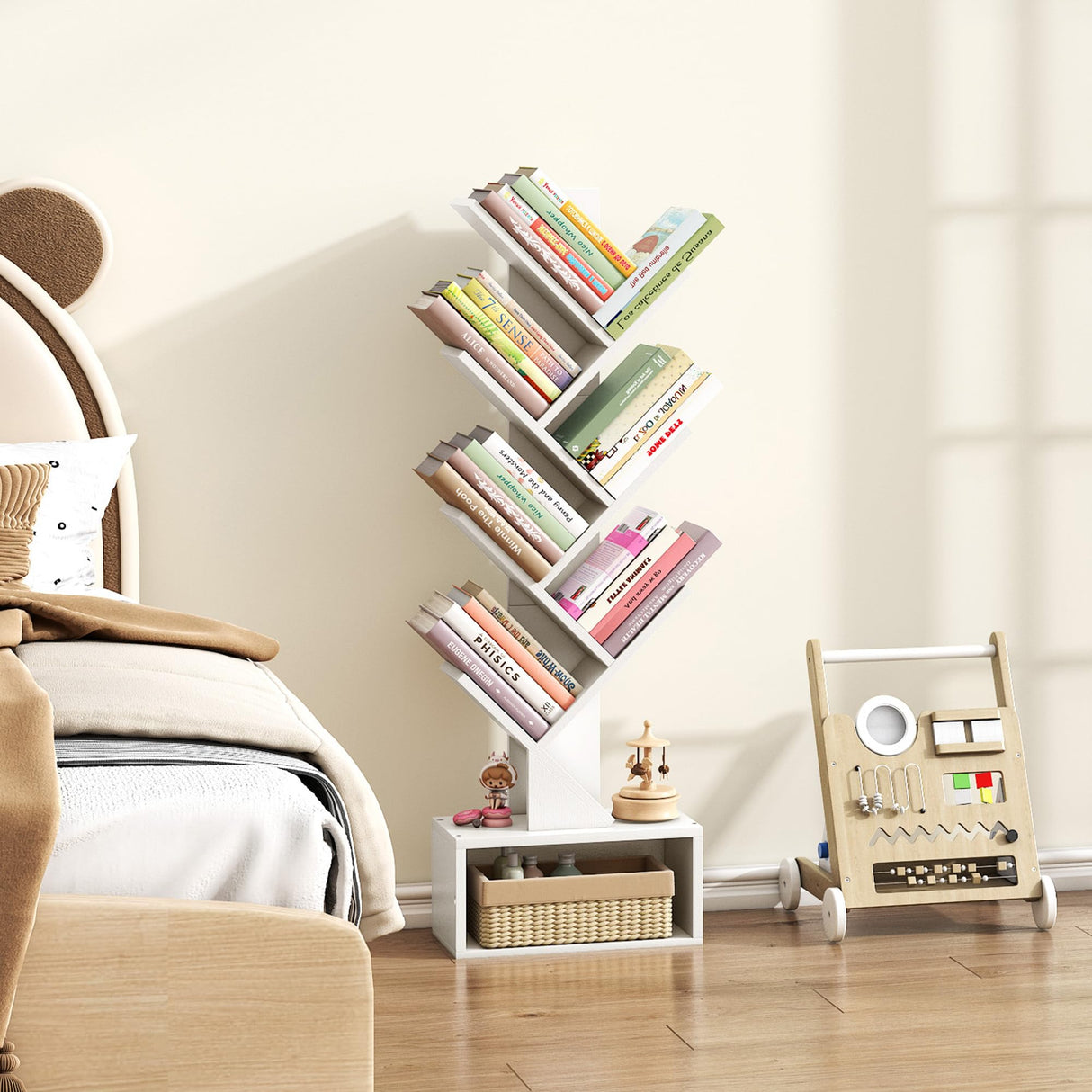 Hoctieon 6 Tier Tree Bookshelf, Tall Bookcase with Drawer, Freestanding Book Shelf, Display Floor Standing Storage Shelf, Book Organizer Shelves for Home Office, Living Room, Bedroom, White Hoctieon