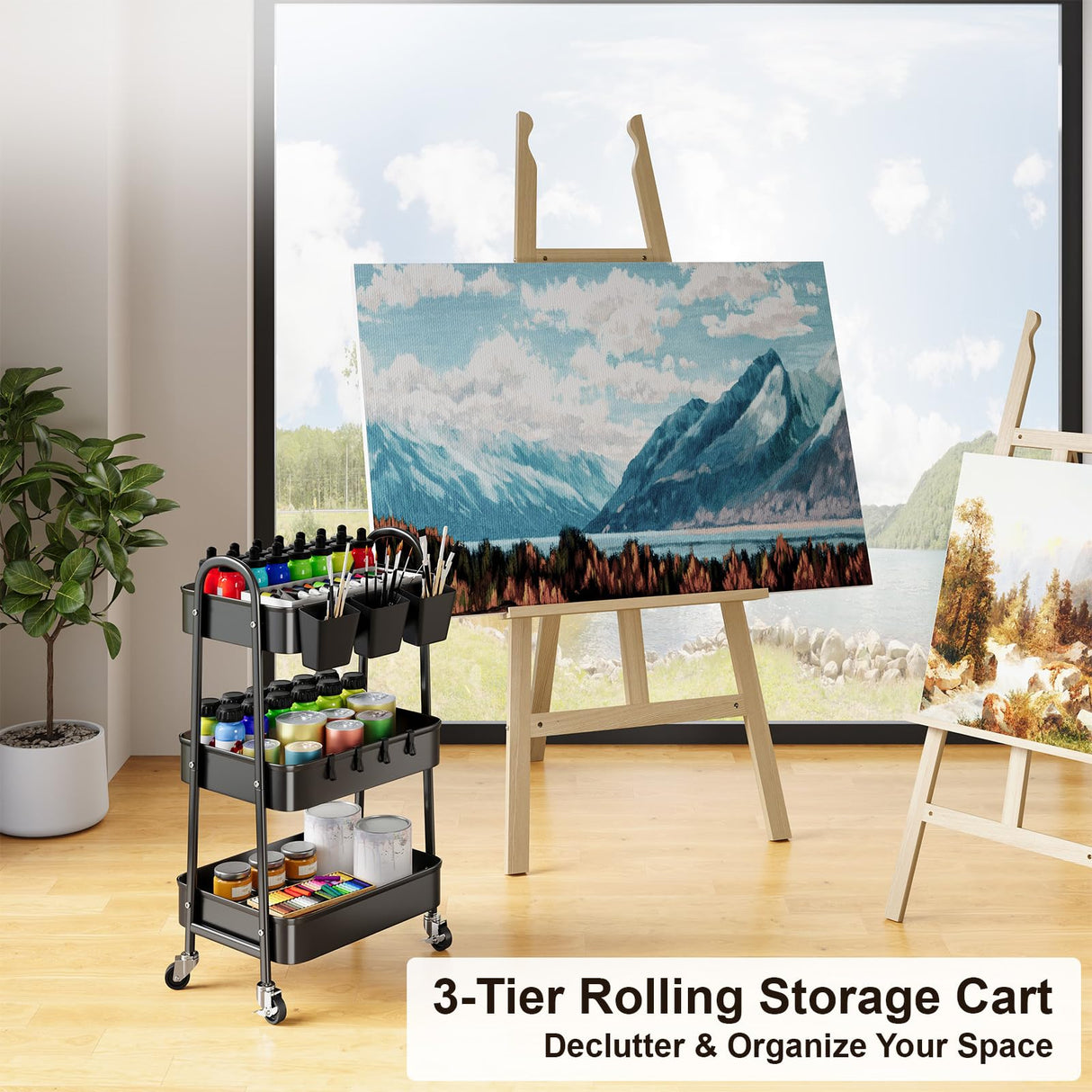 3 Tier Black Metal Rolling Cart with Lockable Wheels & Hanging Cups, Utility Storage Organizer for Bathroom, Kitchen, Laundry, Garage, Craft, Baby Diaper, Snack and Book, Easy Assembly Recximi
