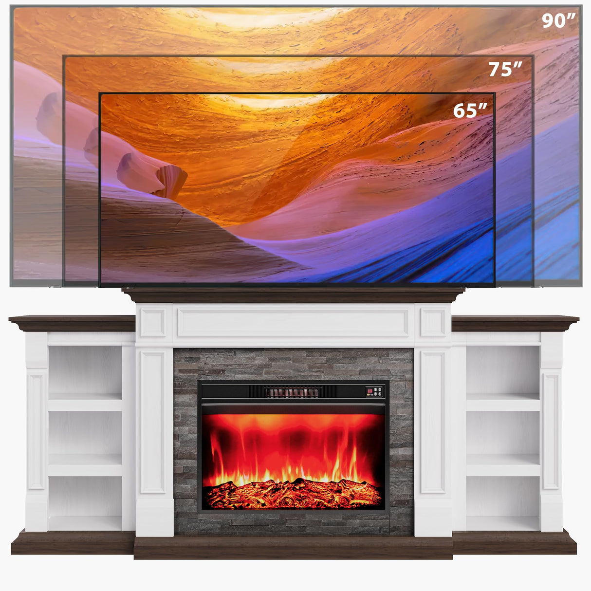 LGHM 80" Electric Fireplace with Mantel, Fireplace TV Stand for TVs Up to 90 Inch, Farmhouse Entertainment Center with Storage, Realistic Stacked Stone Surround with Remote Control for Living Room LGHM