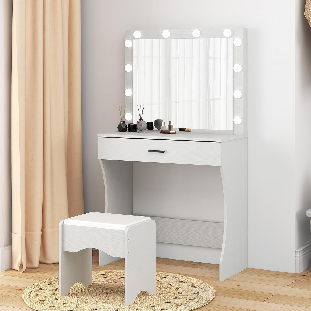 Vanity Desk with Mirror and Adjustable Lights, One Drawer Storage Makeup Table with Stool - Vanity Set for Bedroom (White) Panana