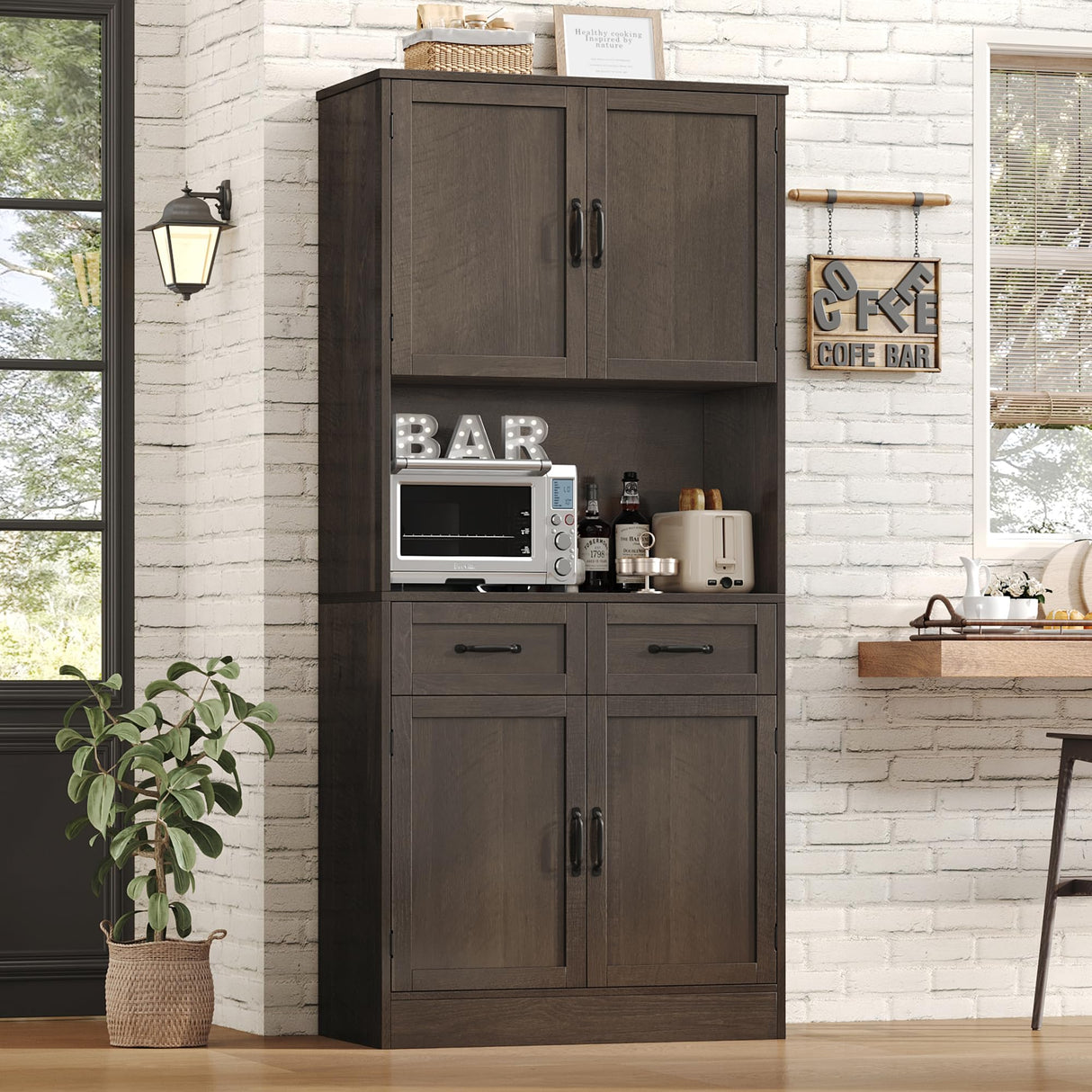 HOSTACK 71“ Tall Kitchen Pantry Storage Cabinet, Modern Kitchen Hutch Bar Cabinet with Microwave Stand, Wood Buffet Sideboard with Hutch, Cupboard with Drawers, Shelves for Dining Room, Dark Brown HOSTACK