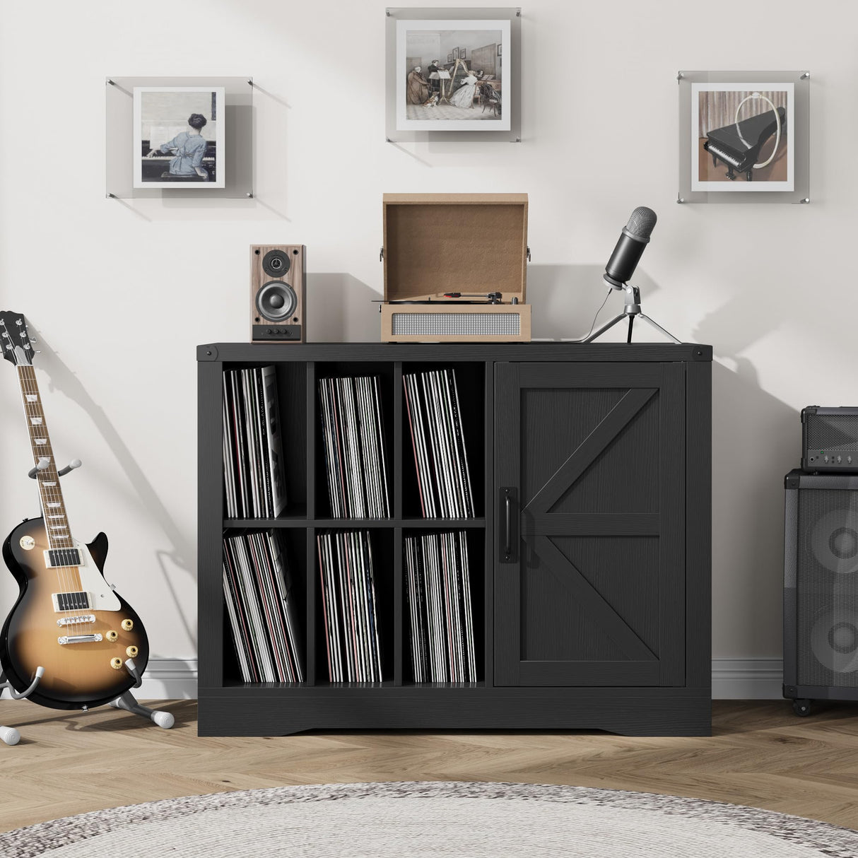 Record Player Stand with Vinyl Storage, Farmhouse Turntable Cabinet with Door, Vinyl Display Holder Shelves up to 750 Albums, Wooden Storage for Living Room, Black SLEKVERSA