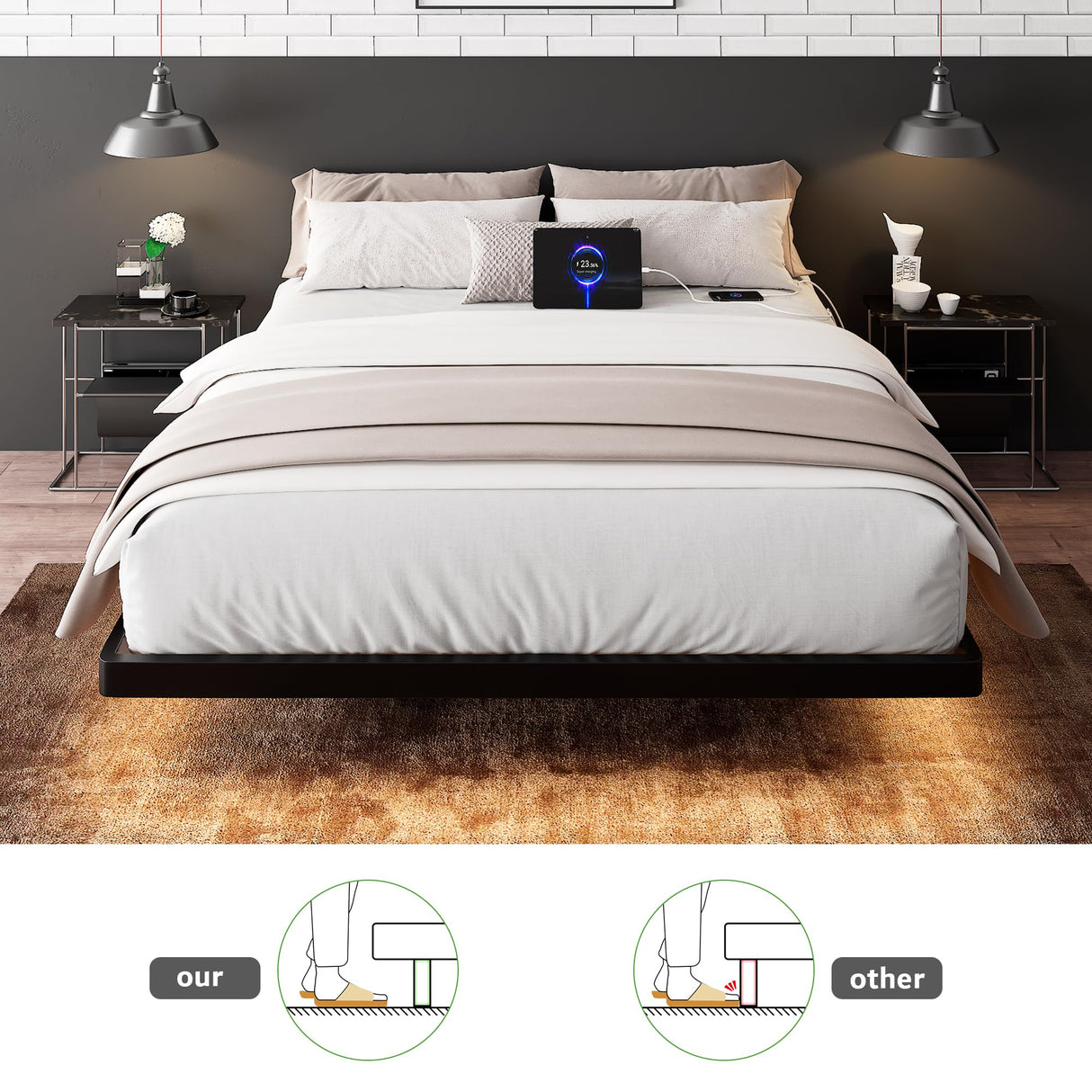Feonase Full Floating Bed Frame with Led Light and Charging Station, Metal Platform Bed Frame with Heavy Duty Steel Slats Supports, No Box Spring Needed, Easy Assembly, Black Feonase