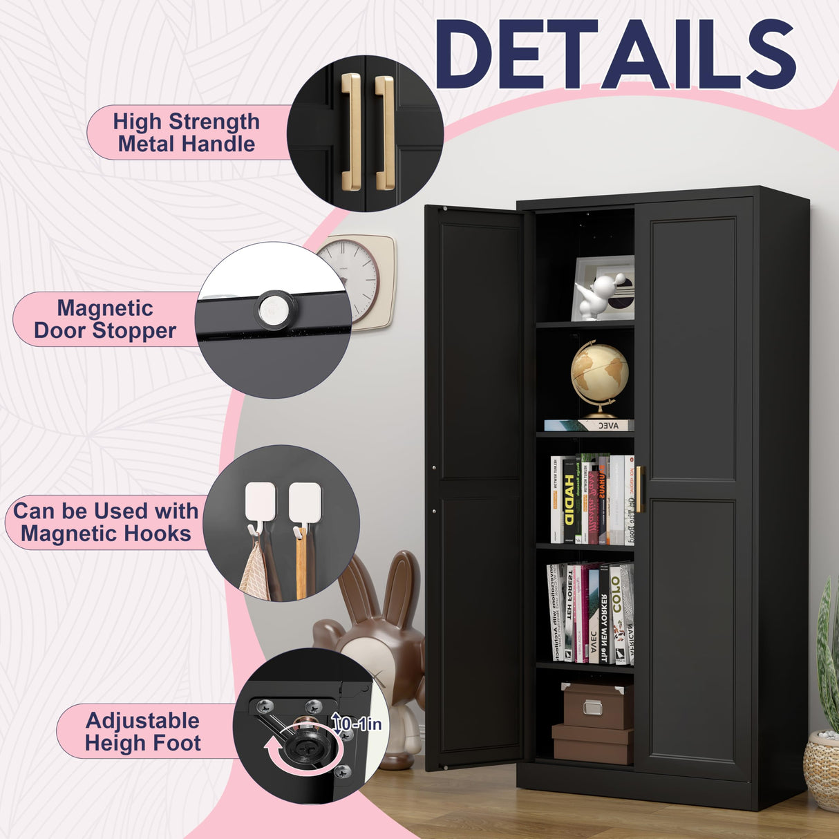 UNICOLY 71" Storage Cabinet, Metal Pantry Cabinet, Kitchen Pantry Storage Cabinets with Doors and 4 Shelves for Laundry Room, Living Room, Dinning Room, Assembly Required, Black UNICOLY