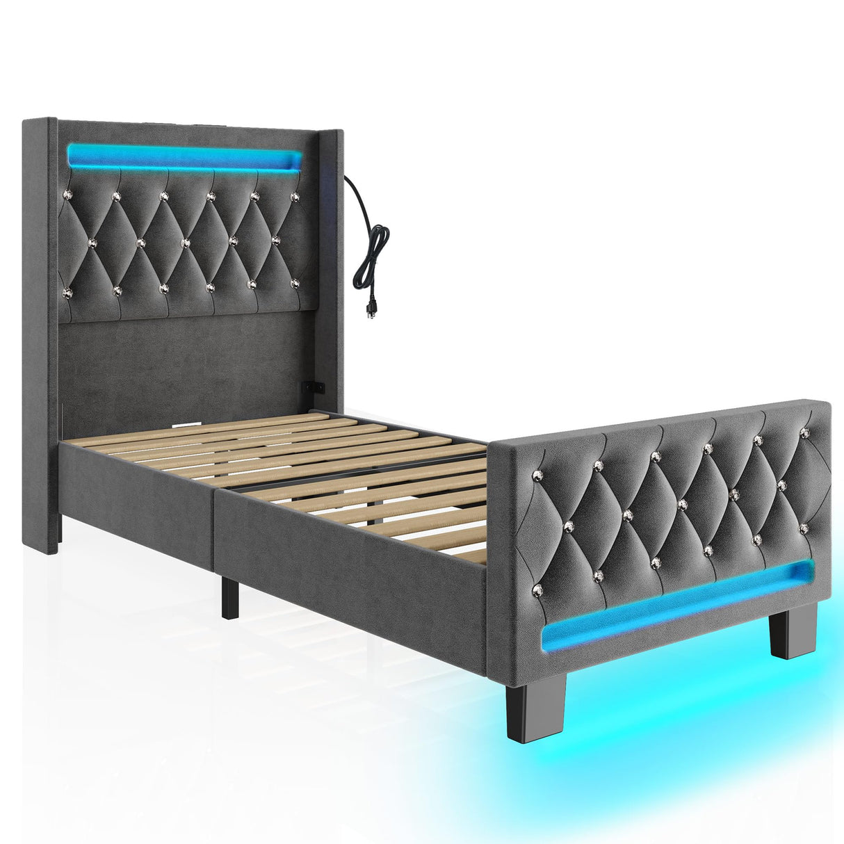 Rolanstar Twin Bed Frame with LED Light and Charging Station, Upholstered High Headboard and Footboard, Wood Slats, Noise Free, Easy Assembly, Grey Rolanstar