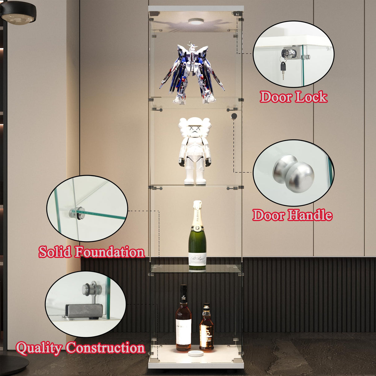 lunhung 4-Shelf Glass Display Cabinet with LED Lights & Lock, Glass Curio Cabinet w/Tempered Glass Single Door, Collection Display Case Bookshelf for Living Room 64.7" Hx 16.7" Wx 14.3" D(White) lunhung