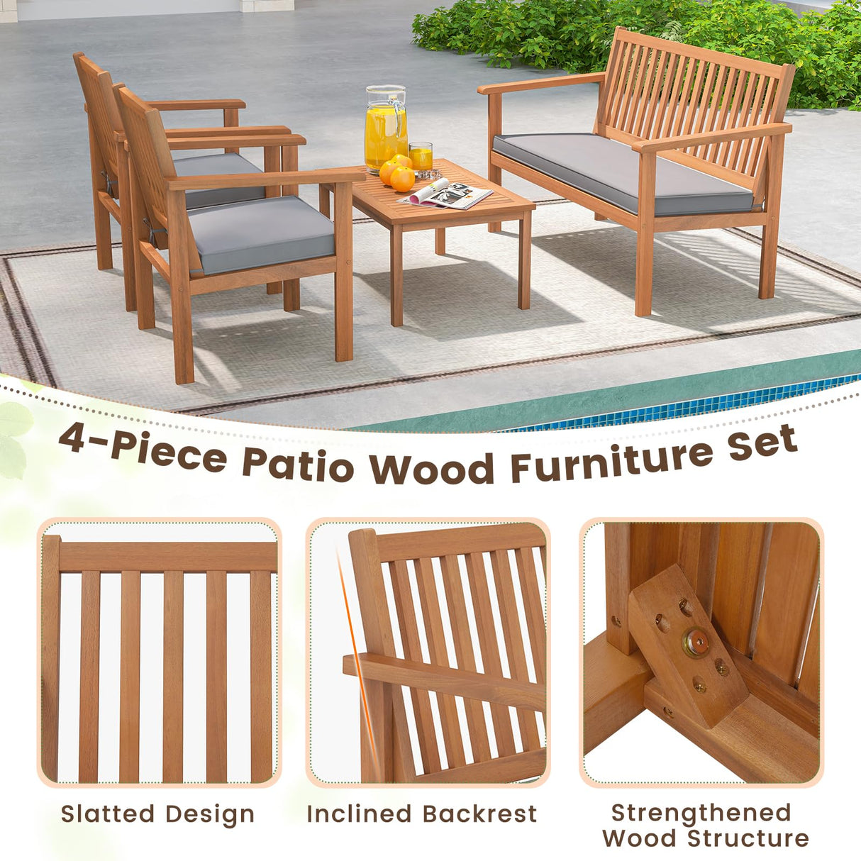 Tangkula 4 Piece Patio Wood Furniture Set, Acacia Wood Sofa Set w/Loveseat, 2 Chairs & Coffee Table, Soft Seat Cushions, Outdoor Wood Furniture Set for Porch, Yard, Balcony (Gray) Tangkula