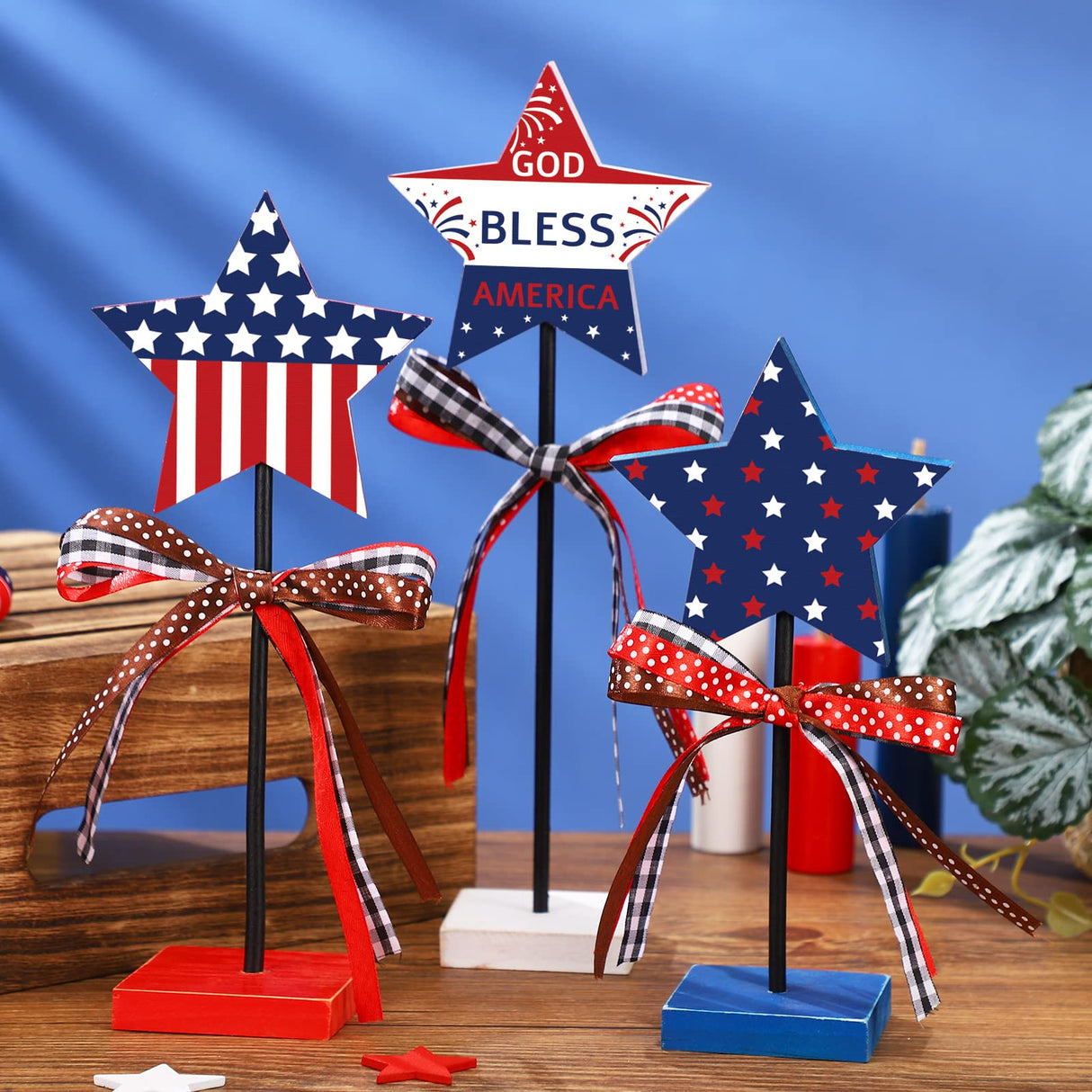 3 Pcs 4th of July Stars Decoration Patriotic Centerpieces Wooden Standing Star Block Memorial Day Decoration Rustic Independence Day Centerpieces for American Festival Home (Bright Style) Amyhill