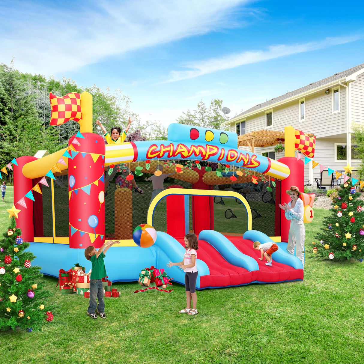 Bounce House for Kids, 13FT Large Inflatable Bounce Castle with Blower Blow Up Jumping Bouncer with Double Slide, Obstacle Poles & Target Toss Game, Champion Race Car Theme AKEYDIY