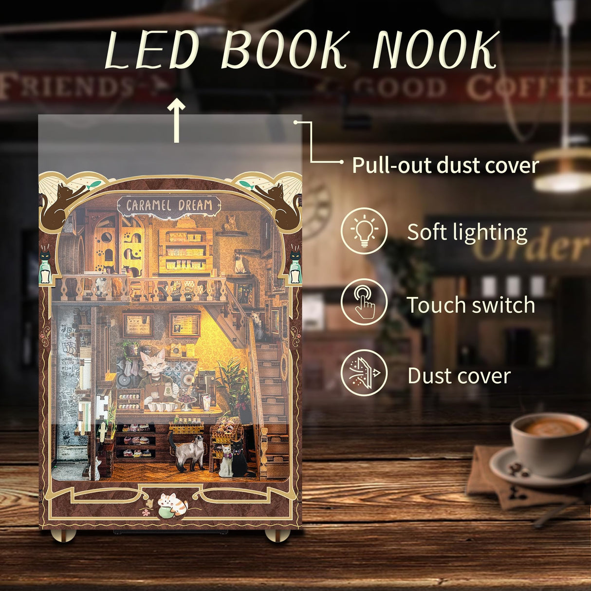 fifijoy DIY Book Nook Kit 3D Wooden Puzzle with LED Lights, Cozy Cat Café House, Bookshelf Insert Decor, Gift for Cat Lovers (Caramel Dreams) fifijoy