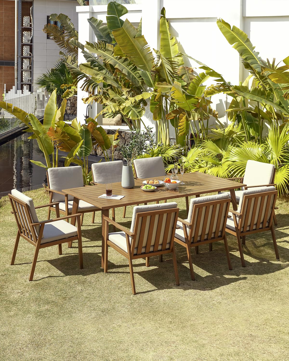 SEEHILL 9 Pieces Patio Dining Set for 8, Outdoor Aluminum Dining Furniture Set with Umbrella Hole, Modern All-Weather Outdoor Patio Table Sets with 8 Chairs and Table for Deck Garden Poolside, Teak SEEHILL